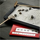 Japanese Style Zen Garden with Rocks, Sand, Wooden Tray, Tools and Meditation Booklet.