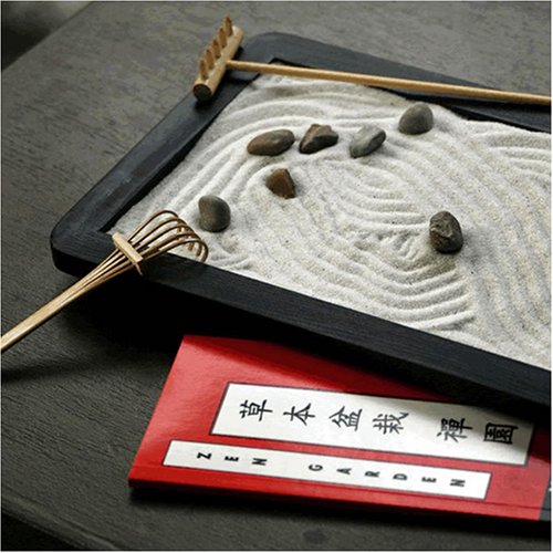 Japanese Style Zen Garden with Rocks, Sand, Wooden Tray, Tools and Meditation Booklet.