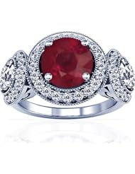 18K White Gold Round Cut Ruby Ring With Sidestones
