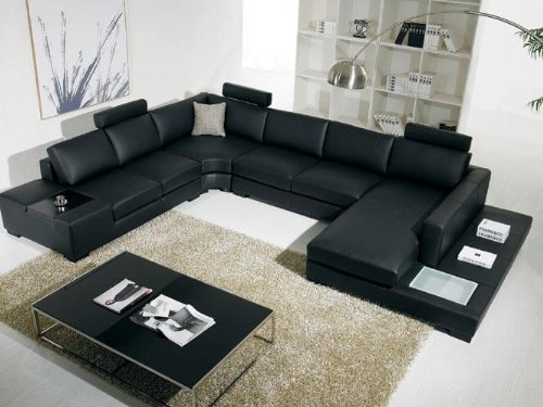 T35 Modern Black Sectional Sofa with 3 Headrests