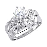 14K White Gold Round-cut CZ Cubic Ziconia Solitaire Ladies Engagement Ring and Wedding Band 2 Two Piece Set - Size 7