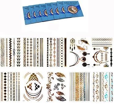 JYT 10Pcs Popular Gold Silver Women Metallic Tattoo Chain Bracelet Waterproof Temporary Tattoo +8Pcs Cleansing Wipes