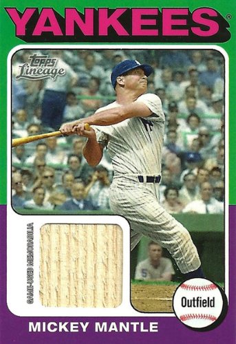 2011 Mickey Mantle 1975 Mini Relics Game Used Bat Piece Insert Card #75R-MM. Great Looking Two Toned Card of This New York Yankees Hall of Famer Based Upon the 1975 Topps Mini Design.