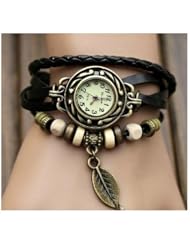 WAWO Fashion Accessories Trial Order New Quartz Fashion Weave Wrap Around Leather Bracelet Lady Woman Wrist Watch Black