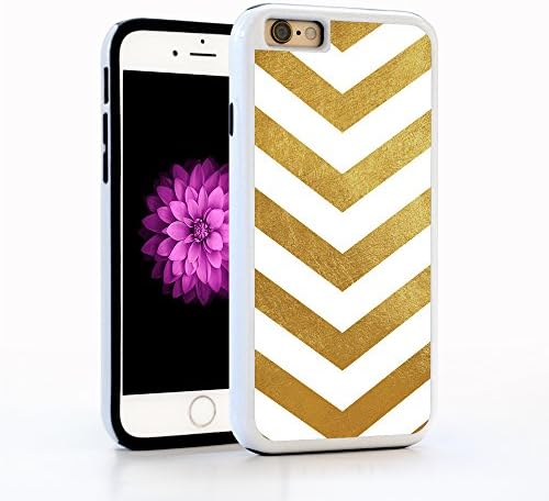 iPhone 6 Case, Chevron Pattern Triangle Stripes in White and Shiny Gold Texture Print, Impact Resistant White Anti PC with Black Rubber inside. Protective Cover for Apple 4.7-inch