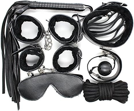 Topluck 7pcs Hingh Quality Bedroom Role Play Fur Collar Gag Cuffs Master Whip Rope Blindfold Bondage Kit (Black)