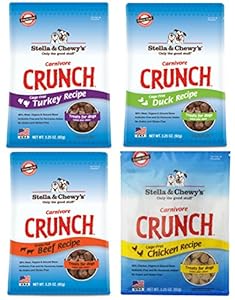 Stella & Chewy's Carnivore Crunch Freeze-dried Dog Treats 4 Flavor Variety Bundle: (1) Cage-free Chicken, (1) Grass-fed Beef, (1) Cage-free Duck and (1) Cage-free Turkey, 3.25 Oz Each