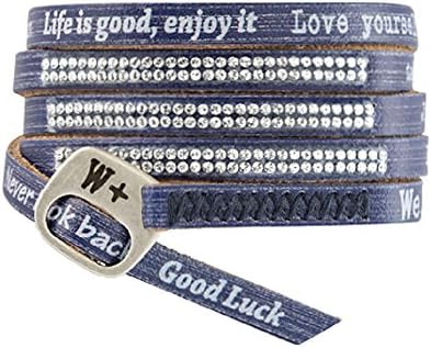 We Positive We+ Friendship Leather Wrap Message Italian Bracelet Luxury Swarovski Studded Collection Jeans Blue Style 012