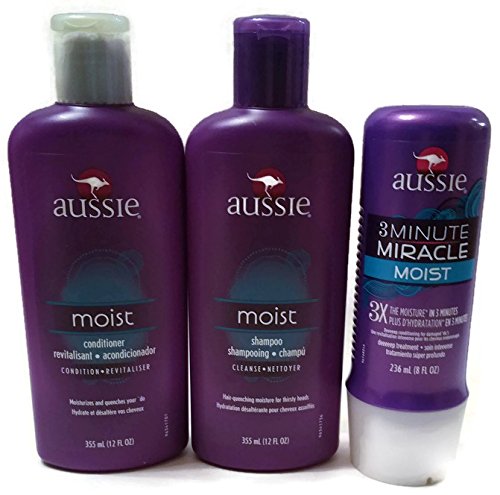 Aussie Shampoo and Conditioner-moist Bundle (12oz Shampoo + 12 Oz Conditioner + 8 Oz 3 Minute Miracle)
