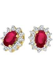 14k Yellow Gold Oval Ruby and .25 total ct Diamond Earrings