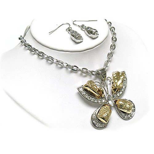 Crystal Butterfly Large Pendant Necklace Earring Set Fashion Jewelry