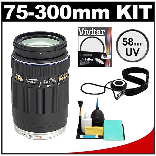 Olympus M.Zuiko 75-300mm f/4.8-6.7 ED Digital Zoom Lens (Black) with UV Filter + Accessory Kit for PEN Micro 4/3 E-P1, E-P2, E-PL1, E-PL2 Cameras