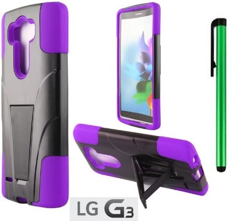 LG G3 Premium T-Stand / Side-Stand Hybrid Holster Design Protector Hard Cover Case (For 2014 LG New Flagship Android Phone) + 1 of New Assorted Color Metal Stylus Touch Screen Pen (PURPLE / BLACK)