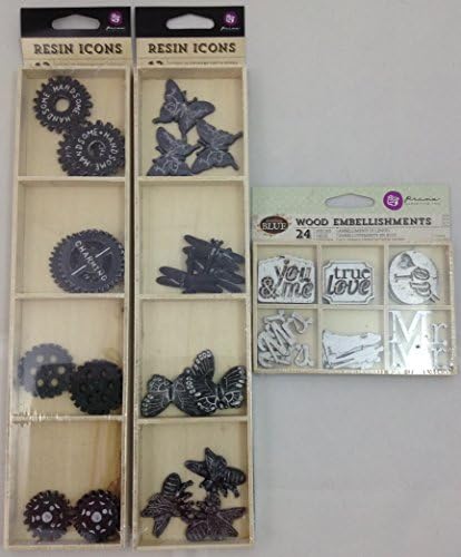 Prima Marketing Embellishments Bundle with 2 Resin Icons boxes and 1 Wood Icons box