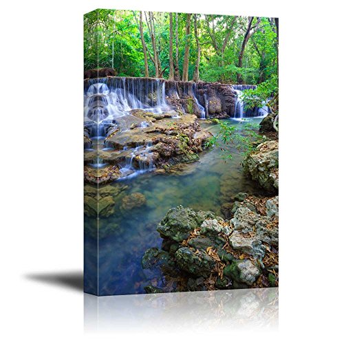 wall26Canvas Print Wall Art Forest River & Waterfall in Thailand Floral Plants Photography Realism Rustic Scenic Colorful Multicolor Neon Ultra for Living Room, Bedroom, Office - 16"x24"