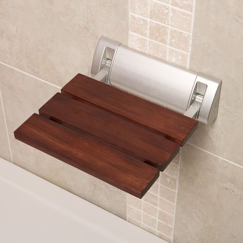 Reviews Stylish Sapele Folding Shower Seat With Crome Hinges Wide Base