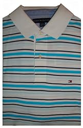 Men's Tommy Hilfiger Polo Shirt White, Black & Torquoise Striped Short Sleeved XL - XXL Available