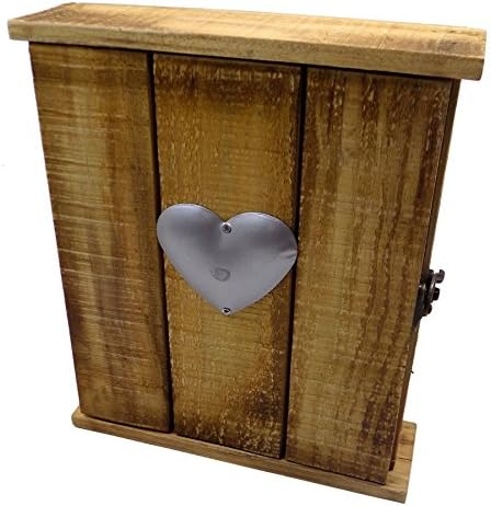 SLATTED WOODEN SILVER HEART KEY CUPBOARD CABINET BOX 6 HOOKS 26CM x 22CM x 7CM