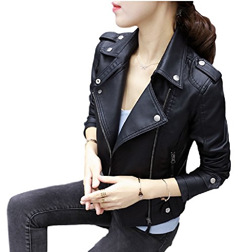 Teranos レディース テーラードジャケット シングル レザー 七分袖 襟付き ジップアップ PU 無地 秋 冬 カジュアル シンプル