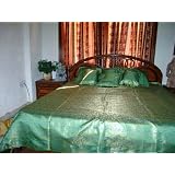 7pc King Silk Sari Bedding Mint Brocade Work India Bedspreads Throw