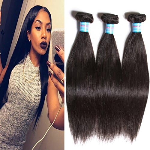KLAIYI Hair Brazilian Hair 3 Bundles Silky Straight Hair Weave Top Quality Real Human Hair Extensions  (16 18 20inch, Natural Color)