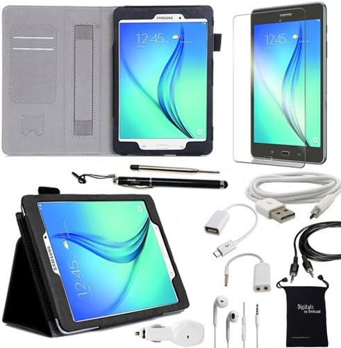 Samsung Galaxy Tab A 8-Inch Tablet Case and Accessories - DigitalsOnDemand ® 10-Item Accessory Bundle Kit for Samsung Galxy Tab A 8.0 SM-T350NZAAXAR - Standing Slim Black Leather Cover Case, Ultra Clear Screen Protector, 2-in-1 Touch Stylus Ink Pen, USB Cable, Car Charger Adapter, Earphones, Earbud Splitter, Micro 2.0 USB OTG, Auxiliary Sound Cable, Drawstring Travel Pouch Bag