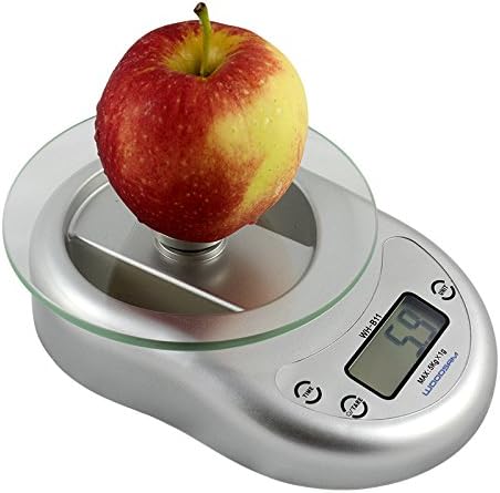 Woodsam Kitchen Scale, Silver Digital Electronic Food or Postal Glass Weighing with Convertible Units, Clock Function &amp; an 11 lb/5 kg Capacity