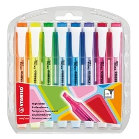 STABILO - surligneur swing cool, �tui PET de 8 pointe biseaut�e, largeur de trac�: 1,0 - 4,0 mm, mod�le de poche avec agrafe, grip antid�rapant, encre � base d'ea