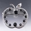 Silver Apple Black Crystal Brooches