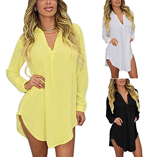 MIOIM® 体型カバー レディース 長袖 薄地 きれいめ Vネック ゆったり ブラウス ロング シフォンシャツ ミニ ワンピース カジュアル 通勤 スポーツ トップス