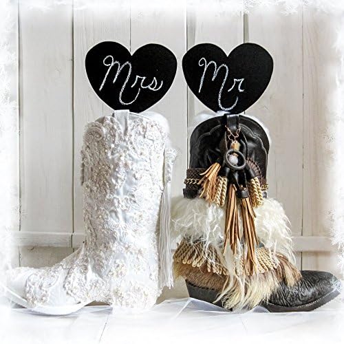 His and Hers Cowboy Boots, Leather and Lace, Black and White