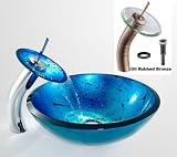 Kraus C-GV-204-19mm-10ORB Oil Rubbed Bronze Galaxy 19mm Galaxy Fire Blue Glass Vessel Sink with Waterfall Faucet Combination from the Galaxy Collection - all Mounting Hardware included C-GV-204-19MM-10