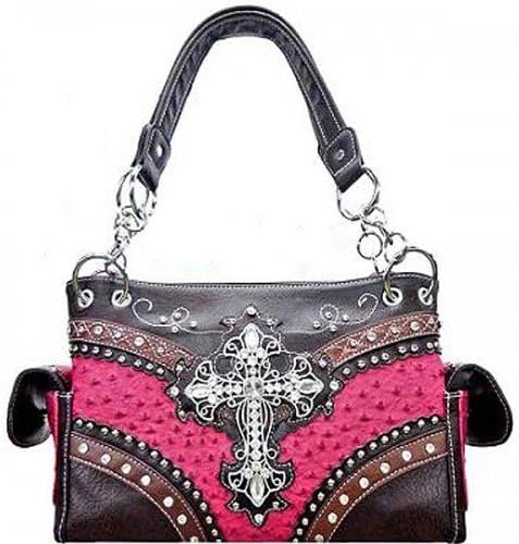 CONCEALED HANDGUN HANDBAG WITH RHINESTONE CROSS G21OHLCR-COR-BRO