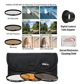 3-Piece Ultra Slim Pro Aspherical Glass Filter Set (UV Ultraviolet, Circular Polarizing & Warming) with Pouch and Lens Tube Adapter for Canon Powershot A570 A590