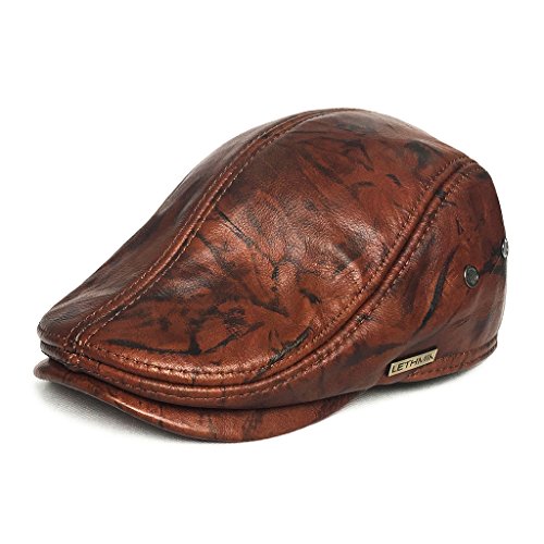 LETHMIK Flat Cap Cabby Hat Genuine Leather Vintage Newsboy Cap Ivy Driving Cap L-Brown and black