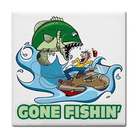 Tile Coaster Set of 4 of Comedic Gone Fishin’ (Gone Fishing) thumbnail