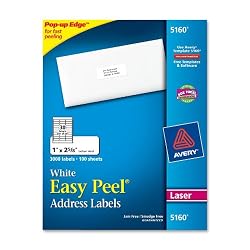 Avery Easy Peel White Mailing Labels for Laser Printers, 1 x 2.62 Inch, Box of 3000 Labels (5160)