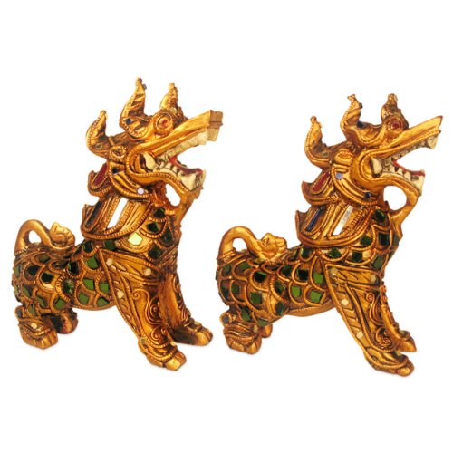Hand-carved Pair of Gold and Glass Foo Dog Dragons (Thailand)