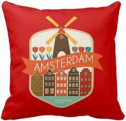 Amsterdam Holland Windmill Tulips Canal Label Throw Pillow Case