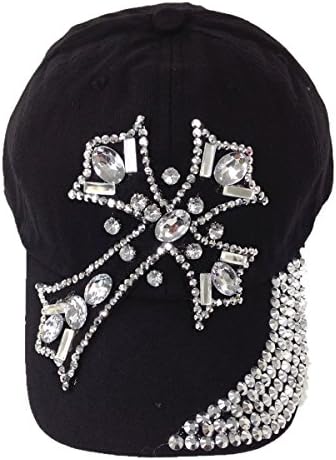 Women's Cross Studded Rhinestone Adjustable Baseball Cap Hat (Black)