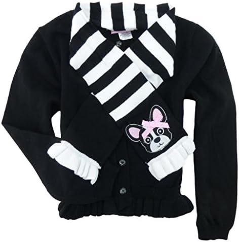 Fleurish Girl Little Girls' Cotton Cardigan Sweater with Puppy Dog Scarf 7/8 Black