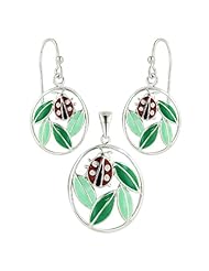 Sterling Silver Earrings and Pendant Lady bugs on Green leaves Epoxy 16"Chain