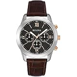 Bulova Dress Men's Quartz Watch with Black Dial Analogue Display and Brown Leather Strap - 98A142