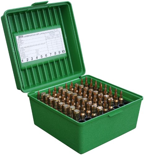 MTM 100 Round Deluxe Handled Flip-Top Rifle Ammo Case .22-250 to 58 Win Mag (Green)
