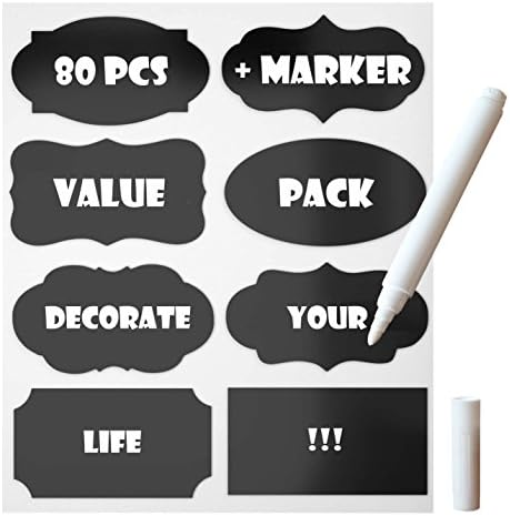 80 PCS Value Pack CLASSIEST Chalkboard Label Stickers for Jars with Marker - 80 Reusable Large Frosted Tags + Erasable Smooth Creamy writing Chalk Marker Pen - Designed to Decorate Your Life!