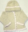 Ck31, Knitted on Hand Knitting Machine Beige Chenille, Ruffled By Hand Crochet with Baby Pink Chenille, Cardigan Sweater, Hat Set