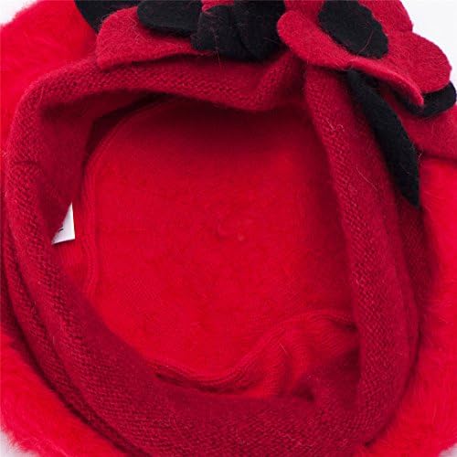 Womens Winter Angola Rabbit Fur Wool Flower Trim Beanie Cap Crochet Hat A036 (Red)
