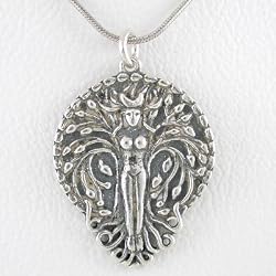 Detailed Double Sided Round Tree Goddess or Maiden Pendant in Sterling Silver on an 18" Sterling and Rhodium Snake Chain , #8695