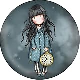 Santoro Gorjuss Round Button Refrigerator Locker Magnet of Girl Holding Clock, White Rabbit Design