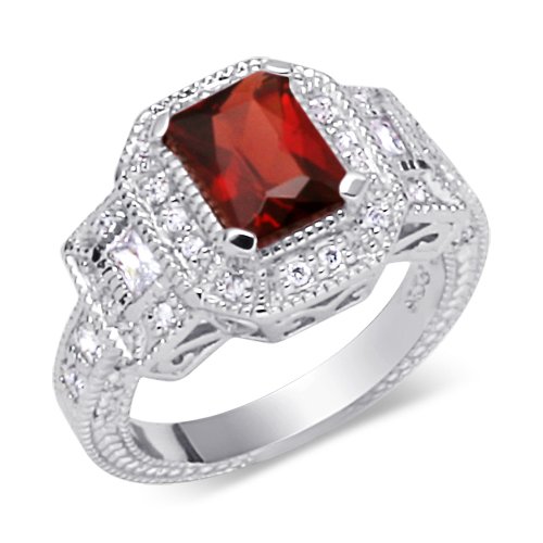 Classic Beauty 1.75carats total weight Radiant Cut Garnet & White CZ Size 6 Gemstone Ring in Sterling Silver